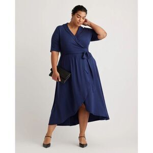 Quince Women's Plus Party Shawl Tencel Jersey Midi Wrap Dress Navy Blue 1X NWT
